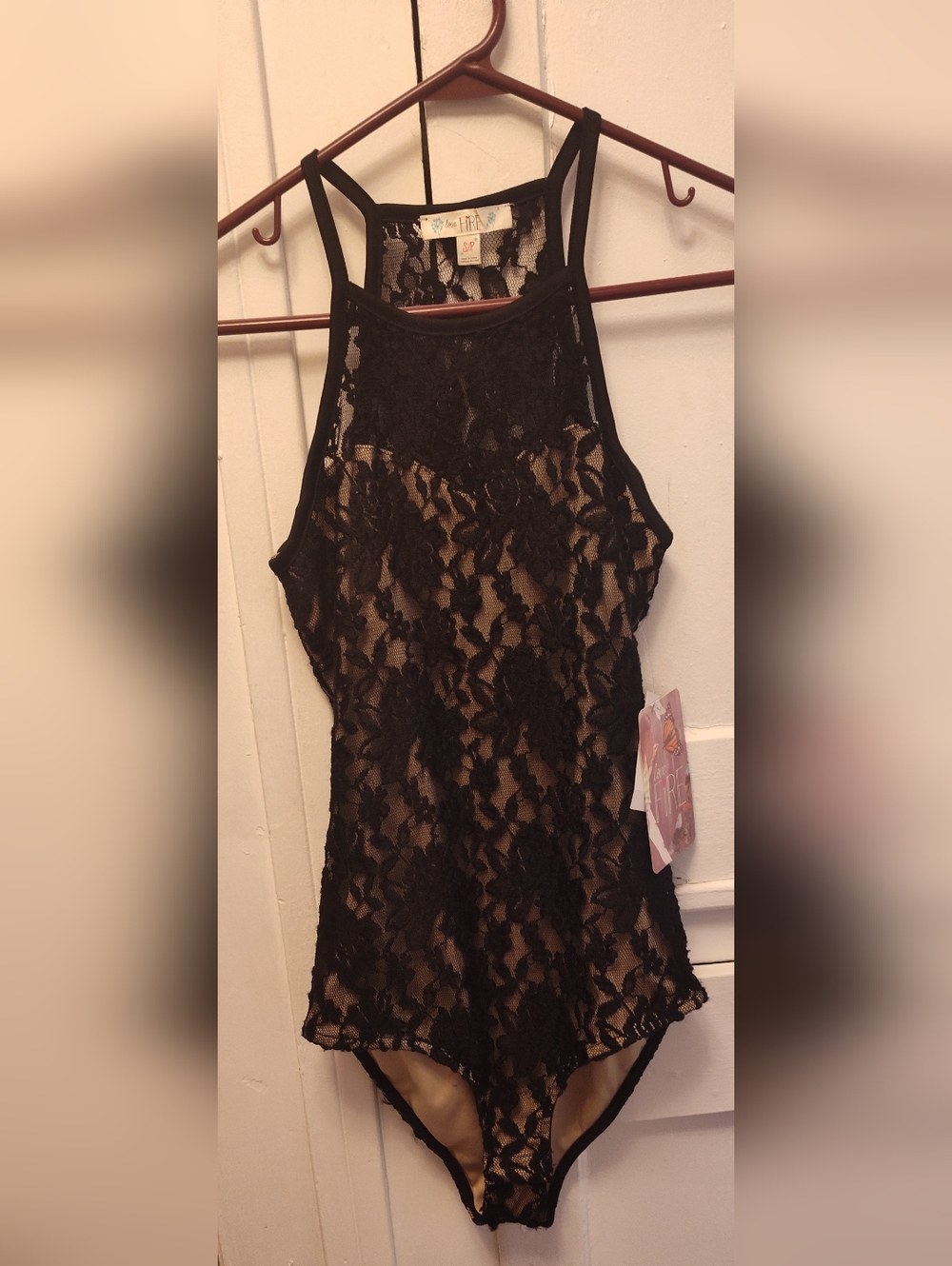 New Love Fire Small Petite Black Lacey Bodysuit Leotard Size Small Petite